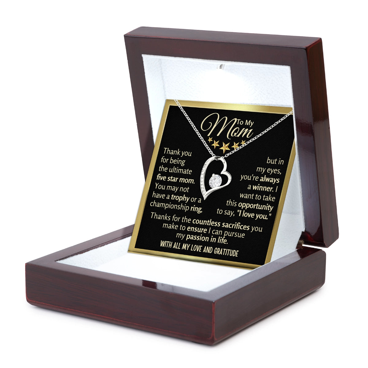 To My Mom Heart Necklace With Heartfelt Message Card in Luxury Wood Box