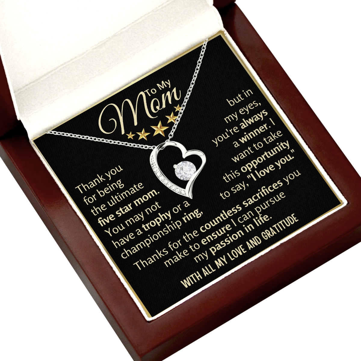 To My Mom Heart Necklace With Heartfelt Message Card in Luxury Wood Box