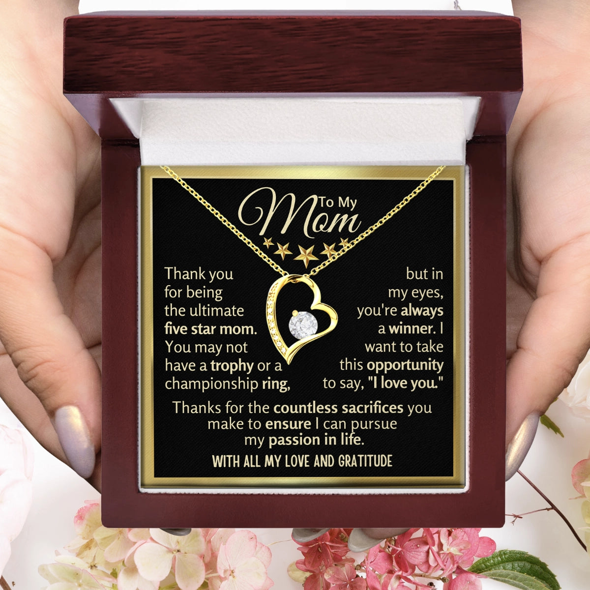 To My Mom Heart Necklace With Heartfelt Message Card in Luxury Wood Box