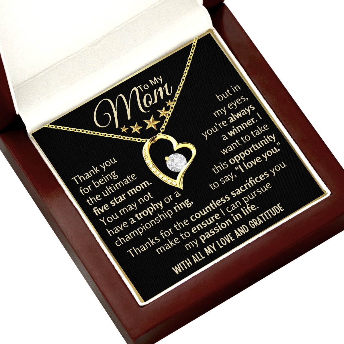 To My Mom Heart Necklace With Heartfelt Message Card in Luxury Wood Box