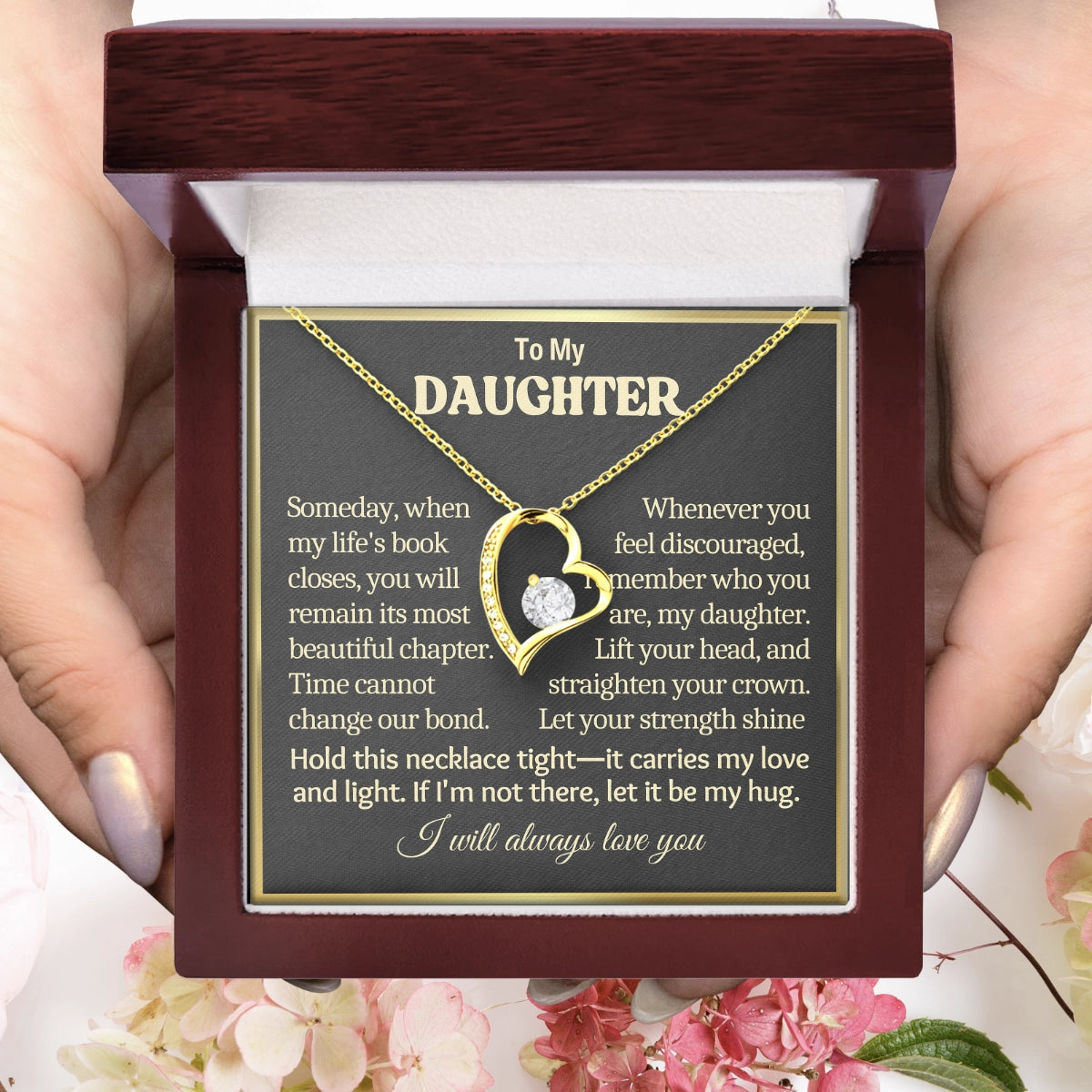 To My Daughter Heart Necklace With Heartfelt Message Card in Luxury Wood Box