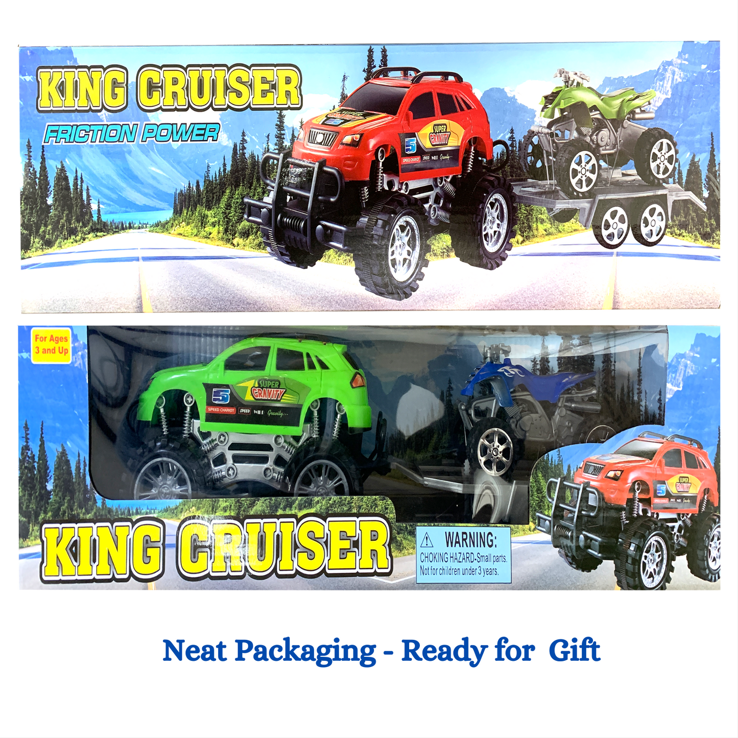 2 Pack Friction Powered Monster Trucks Car Toy SUV Towing ATV Trailer Toys Set for Fun Playtime Indoor or Outdoor