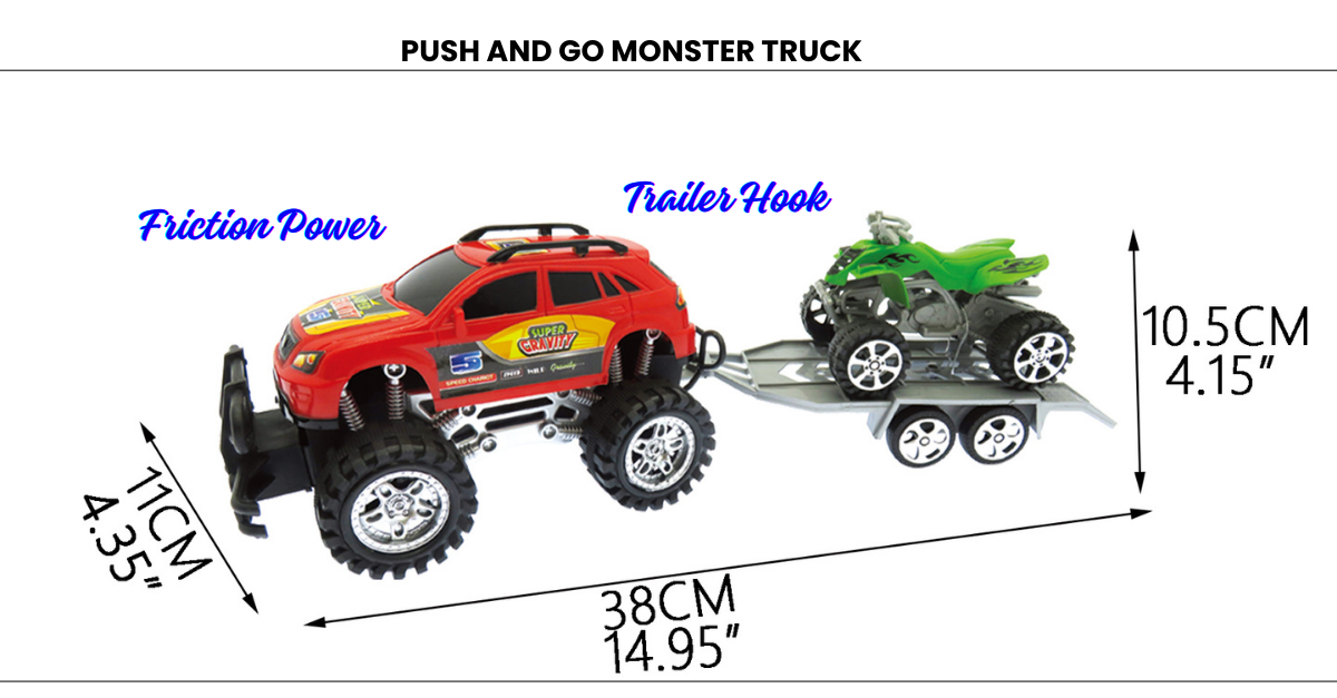 2 Pack Friction Powered Monster Trucks Car Toy SUV Towing ATV Trailer Toys Set for Fun Playtime Indoor or Outdoor