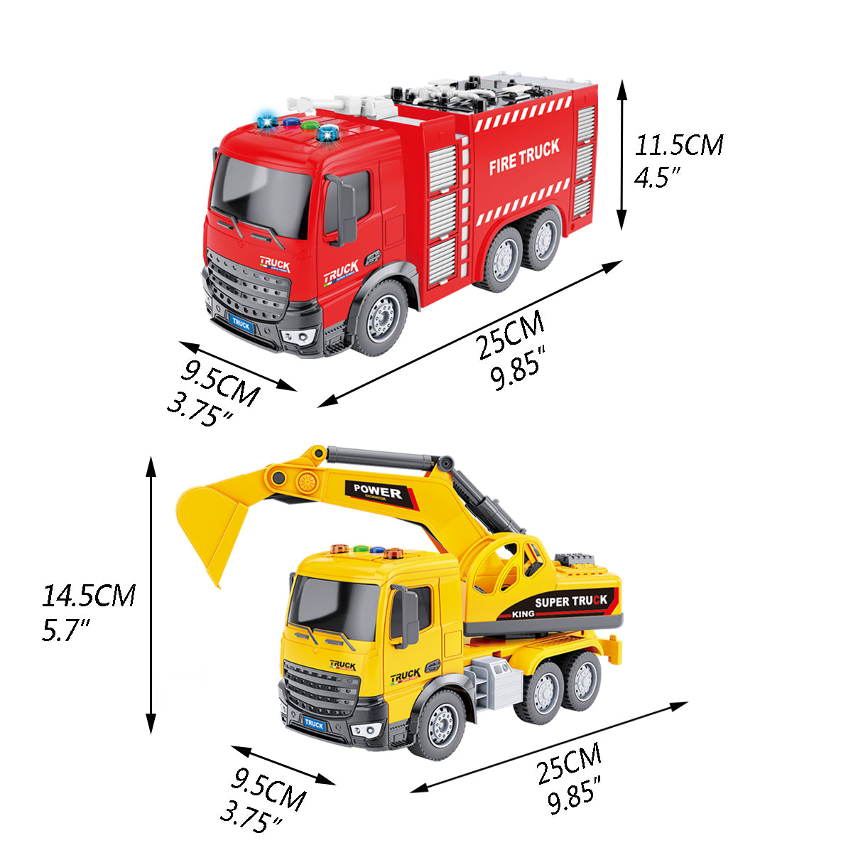 10 inches Battery Operated Friction Rescue & Construction Trucks With Light & Sound - 2 Packs