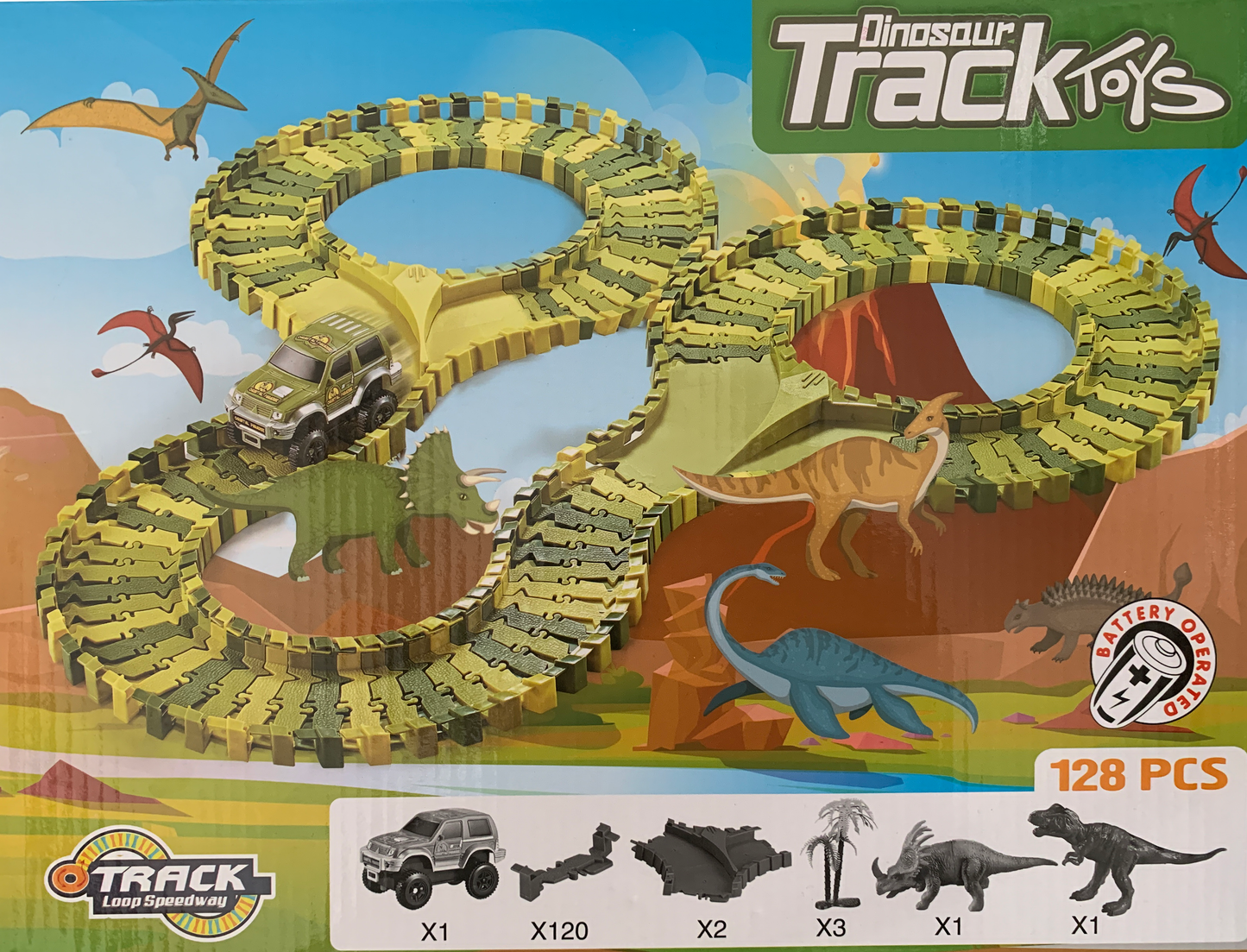 24 Inches Assembled Battery Operated Dinosaur Track With Car & Accessories, 128 Pcs Play Set