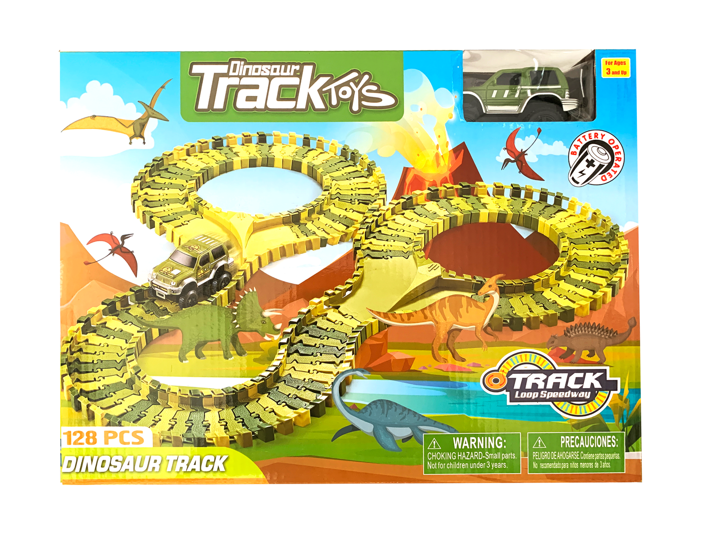 24 Inches Assembled Battery Operated Dinosaur Track With Car & Accessories, 128 Pcs Play Set