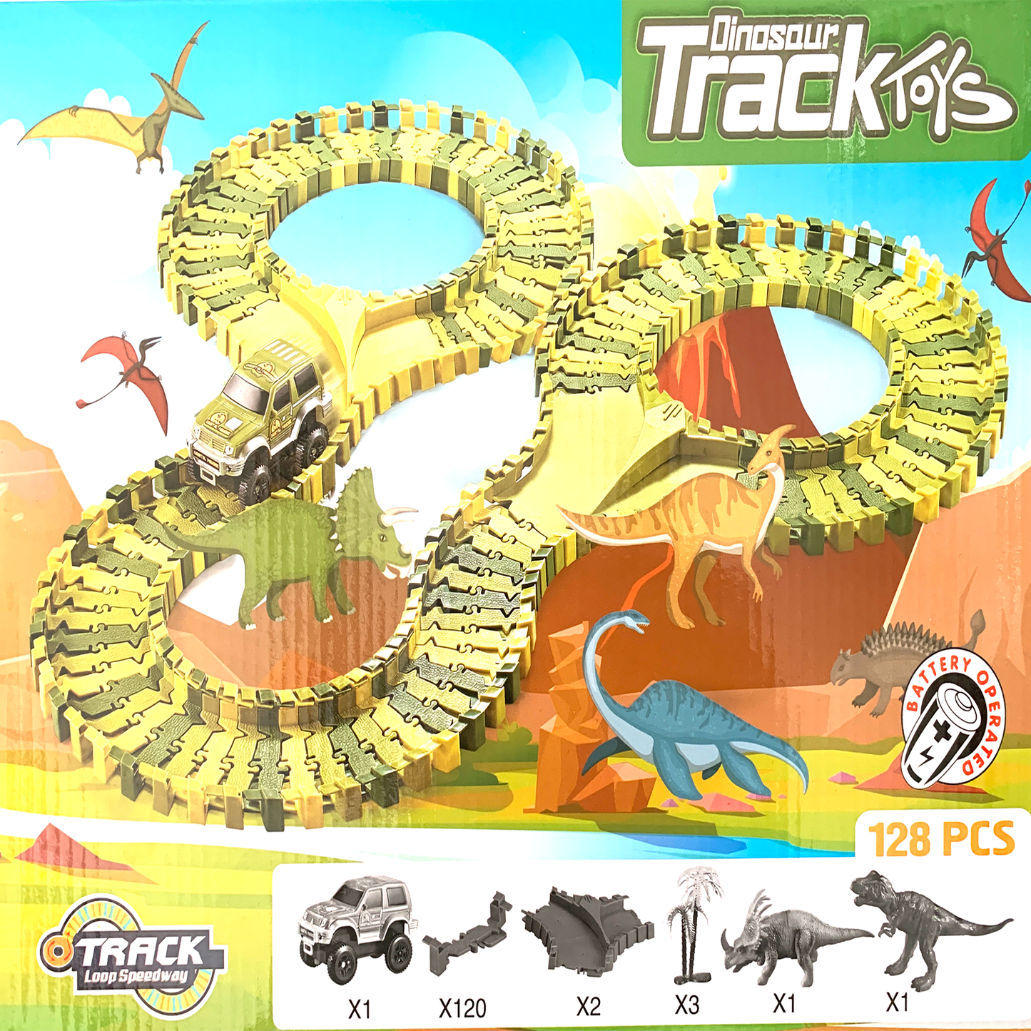 24 Inches Assembled Battery Operated Dinosaur Track With Car & Accessories, 128 Pcs Play Set