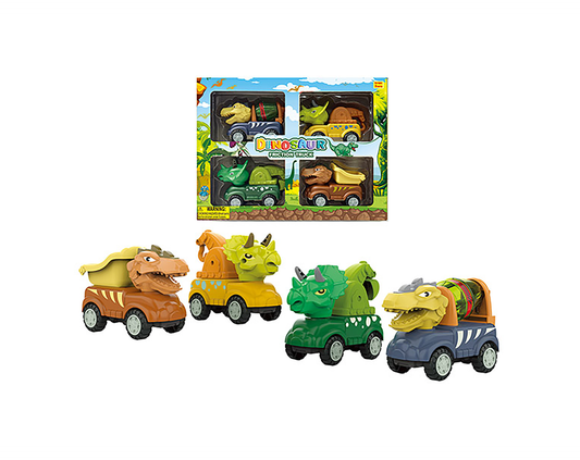 🔥4 Pack Friction Dino Construction Trucks - Push & Go Toys for Toddlers & Kids (5")🔥