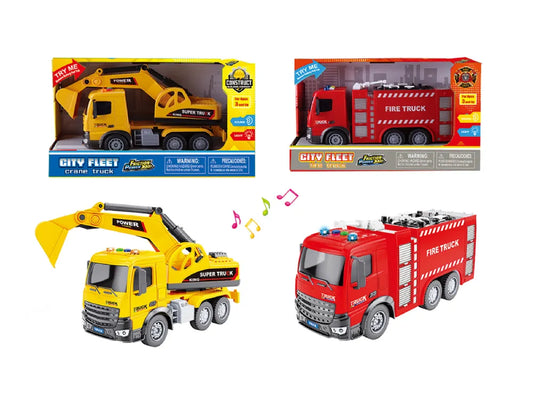 10 inches Battery Operated Friction Rescue & Construction Trucks With Light & Sound - 2 Packs