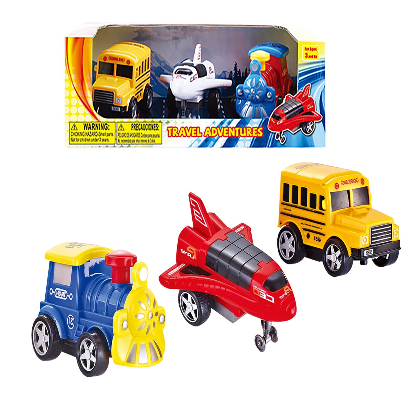 3 Sets of 5.5 Inches Friction Bus, Space Vehicle & Train Play Set