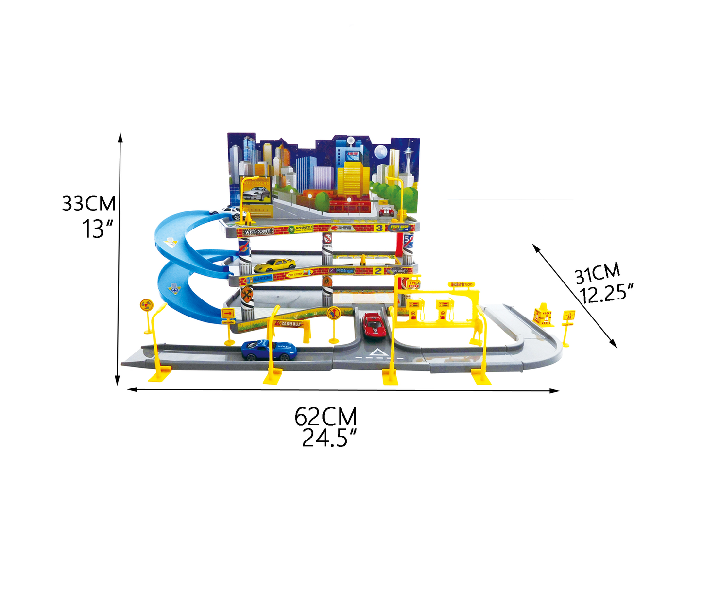 Deluxe Urban Parking Adventure Track Set with 4 Free-Wheel Cars - Large Size, Packed with Accessories